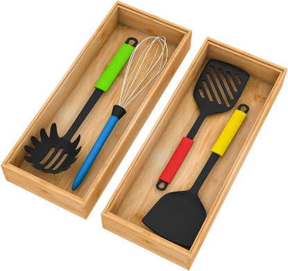 Bamboo Kitchen Drawer Organizer 12"x 6", Wooden Stackable Silverware Tray | Utensil Organizer Cutlery Holder for Kitchen, Wooden Storage Box for Bathroom, Multi-Use Storage Bins Dividers for Office