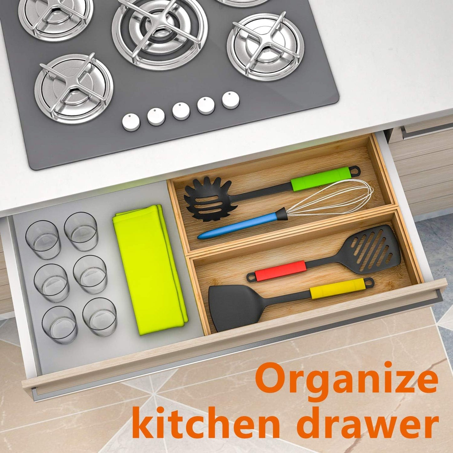 Bamboo Kitchen Drawer Organizer 12"x 6", Wooden Stackable Silverware Tray | Utensil Organizer Cutlery Holder for Kitchen, Wooden Storage Box for Bathroom, Multi-Use Storage Bins Dividers for Office