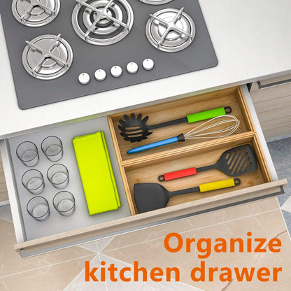 Bamboo Kitchen Drawer Organizer 12"x 6", Wooden Stackable Silverware Tray | Utensil Organizer Cutlery Holder for Kitchen, Wooden Storage Box for Bathroom, Multi-Use Storage Bins Dividers for Office