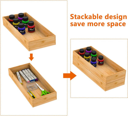 Bamboo Kitchen Drawer Organizer 12"x 6", Wooden Stackable Silverware Tray | Utensil Organizer Cutlery Holder for Kitchen, Wooden Storage Box for Bathroom, Multi-Use Storage Bins Dividers for Office