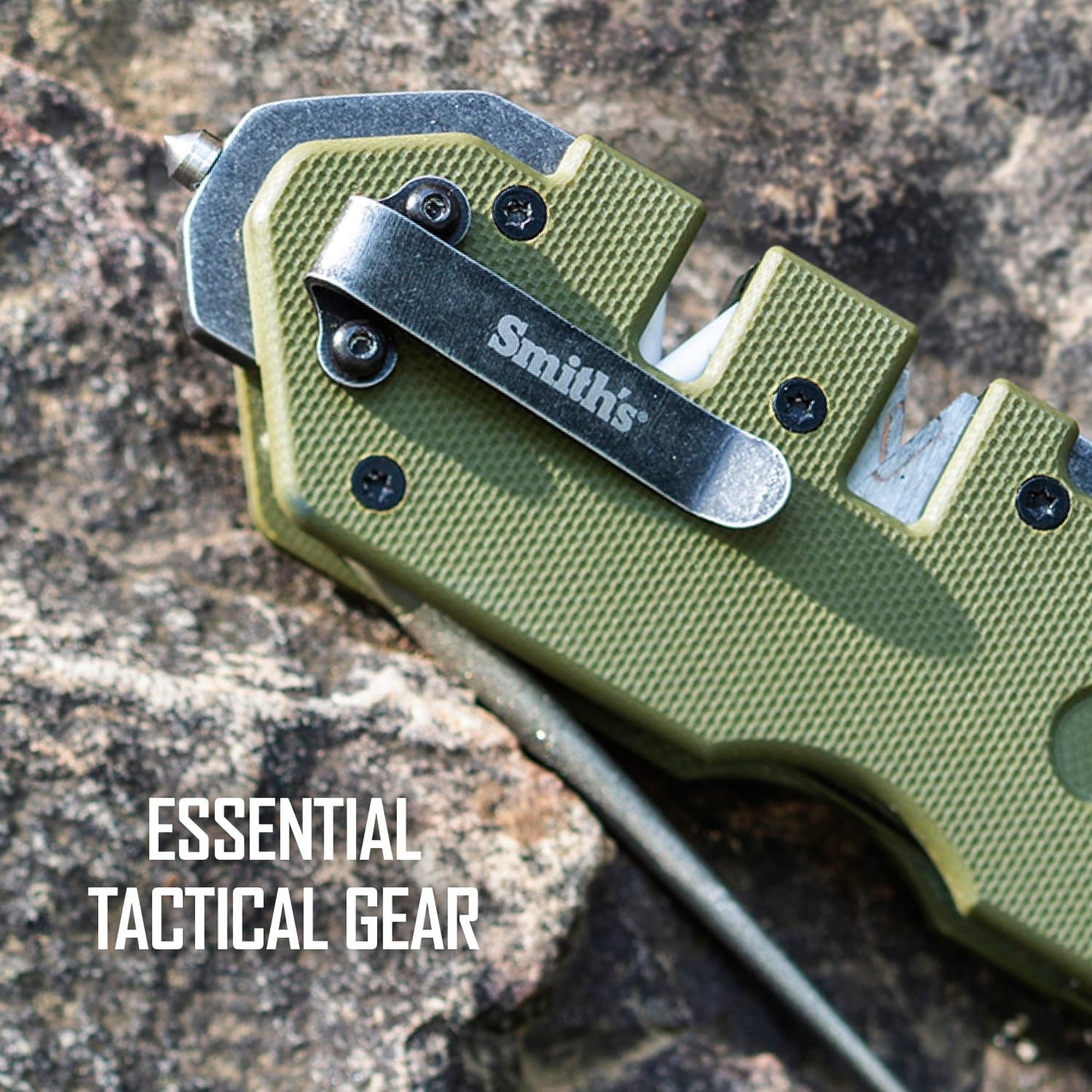 Smith’s 50981 Pocket Pal Tactical Knife Sharpener - OD Green - 2 Stage Sharpener & Diamond Sharpening Rod - Pocket Clip - Outdoor Hunting Knife & Hook Sharpener - Compact & Lightweight