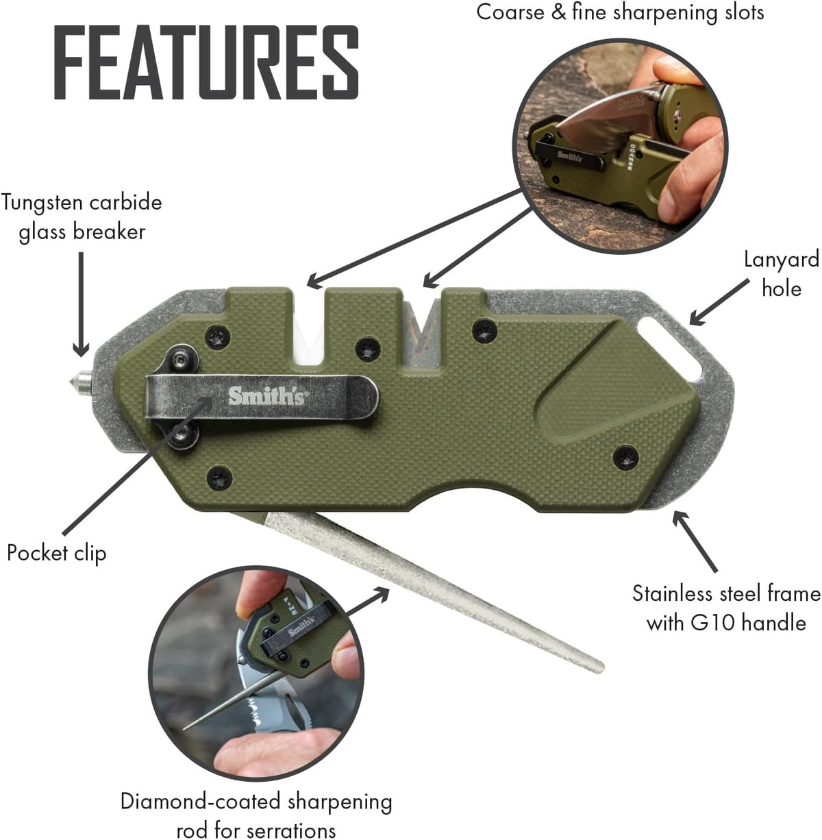 Smith’s 50981 Pocket Pal Tactical Knife Sharpener - OD Green - 2 Stage Sharpener & Diamond Sharpening Rod - Pocket Clip - Outdoor Hunting Knife & Hook Sharpener - Compact & Lightweight