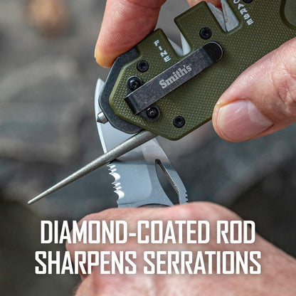 Smith’s 50981 Pocket Pal Tactical Knife Sharpener - OD Green - 2 Stage Sharpener & Diamond Sharpening Rod - Pocket Clip - Outdoor Hunting Knife & Hook Sharpener - Compact & Lightweight