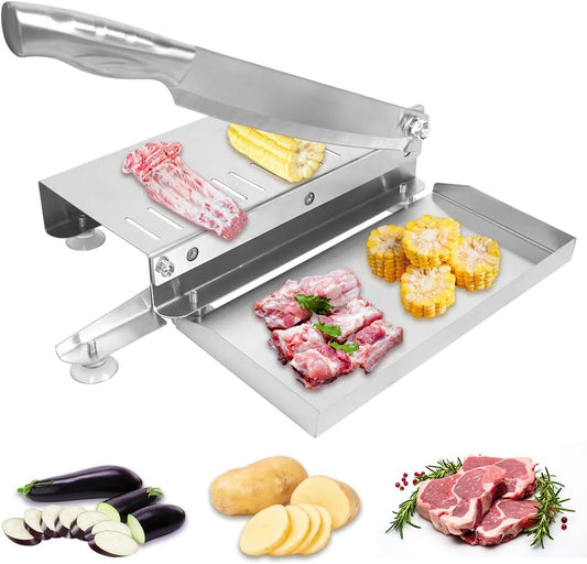 Bone Meat Cutter for Fish, Beef, Chicken, Ribs, Jerky, Vegetable | Manual meat slicer with food tray, stainless steel, manual ribs chopper for frozen meat