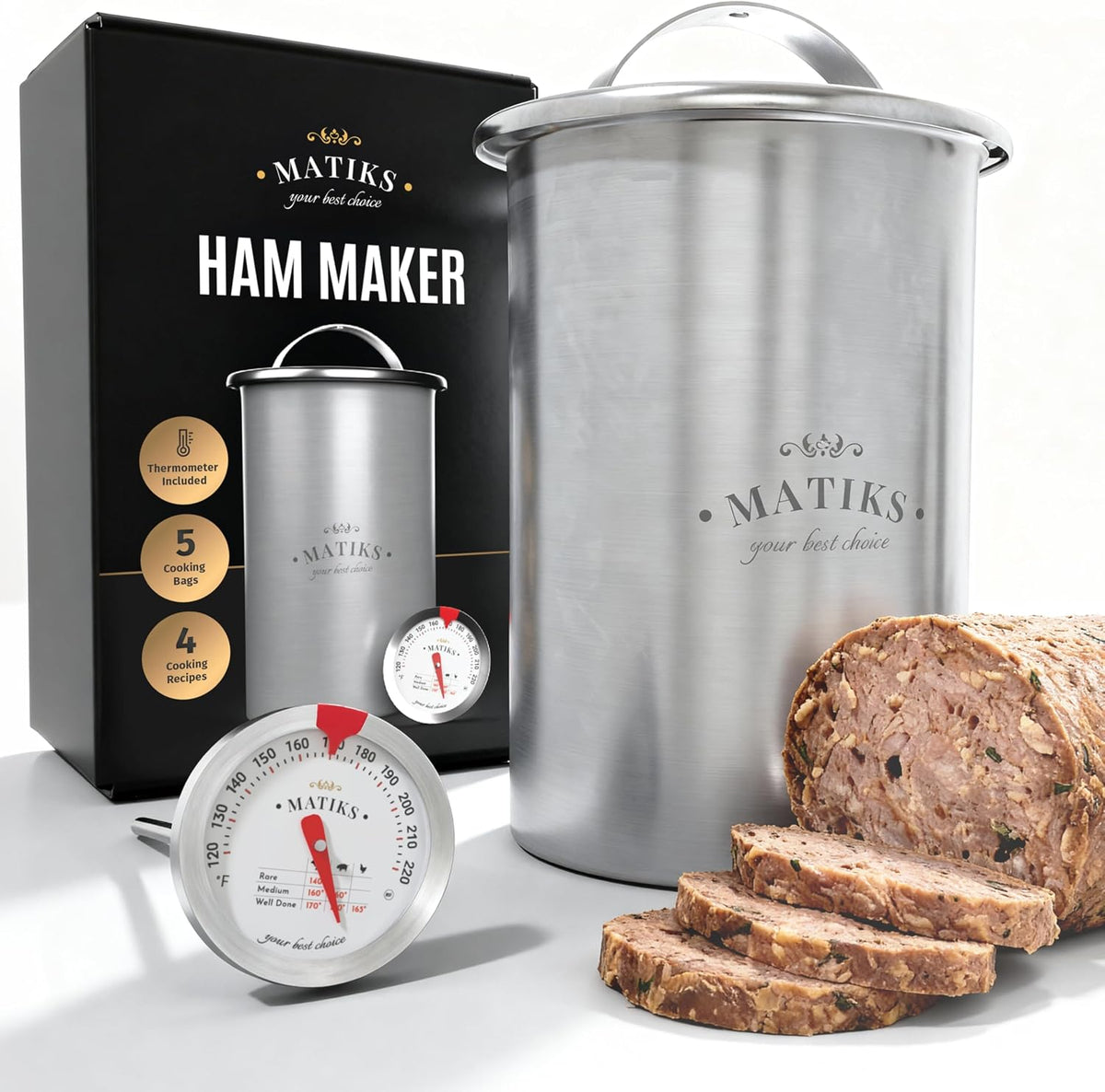 Deli Meat Press Mold for Deli Meats - Make Your Own Healthy Homemade Ham with This Stainless Steel Lunch Meat Press Maker - Our Ham Maker Includes Bonus Thermometer, Recipes and Cooking Bags