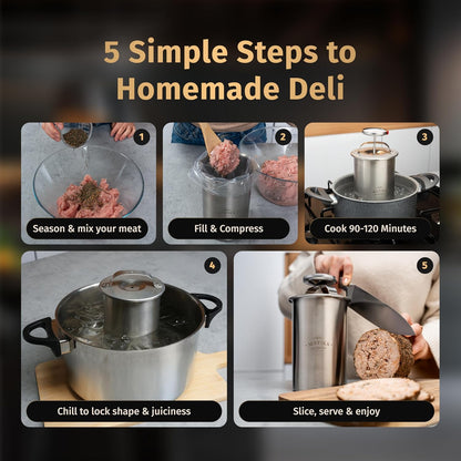 Deli Meat Press Mold for Deli Meats - Make Your Own Healthy Homemade Ham with This Stainless Steel Lunch Meat Press Maker - Our Ham Maker Includes Bonus Thermometer, Recipes and Cooking Bags