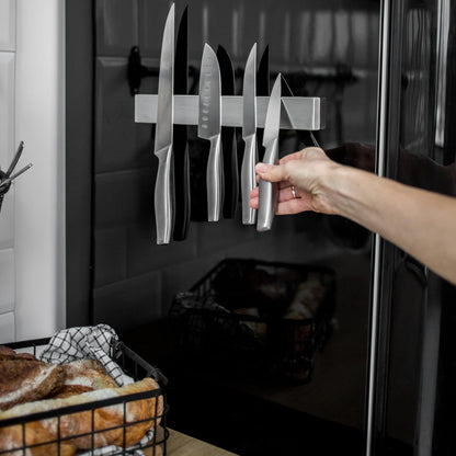 Premium Magnetic Knife Holder for Refrigerator with Hooks – 16 Inch Professional Double Sided Black Magnetic Knife Strip and utensil hanger for Fridge-Stainless Steel Magnet Knife Bar Wall