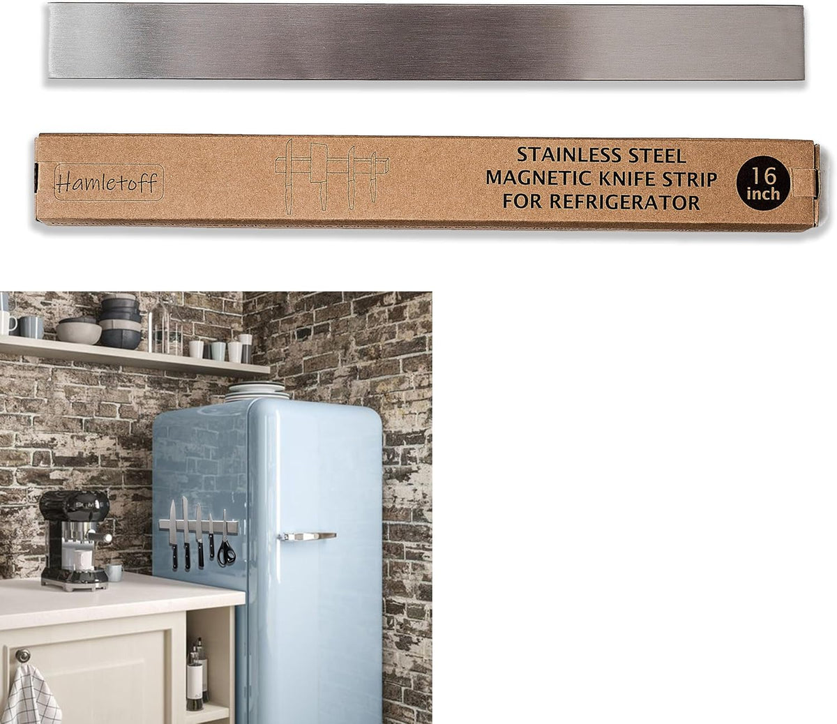Premium Magnetic Knife Holder for Refrigerator with Hooks – 16 Inch Professional Double Sided Black Magnetic Knife Strip and utensil hanger for Fridge-Stainless Steel Magnet Knife Bar Wall