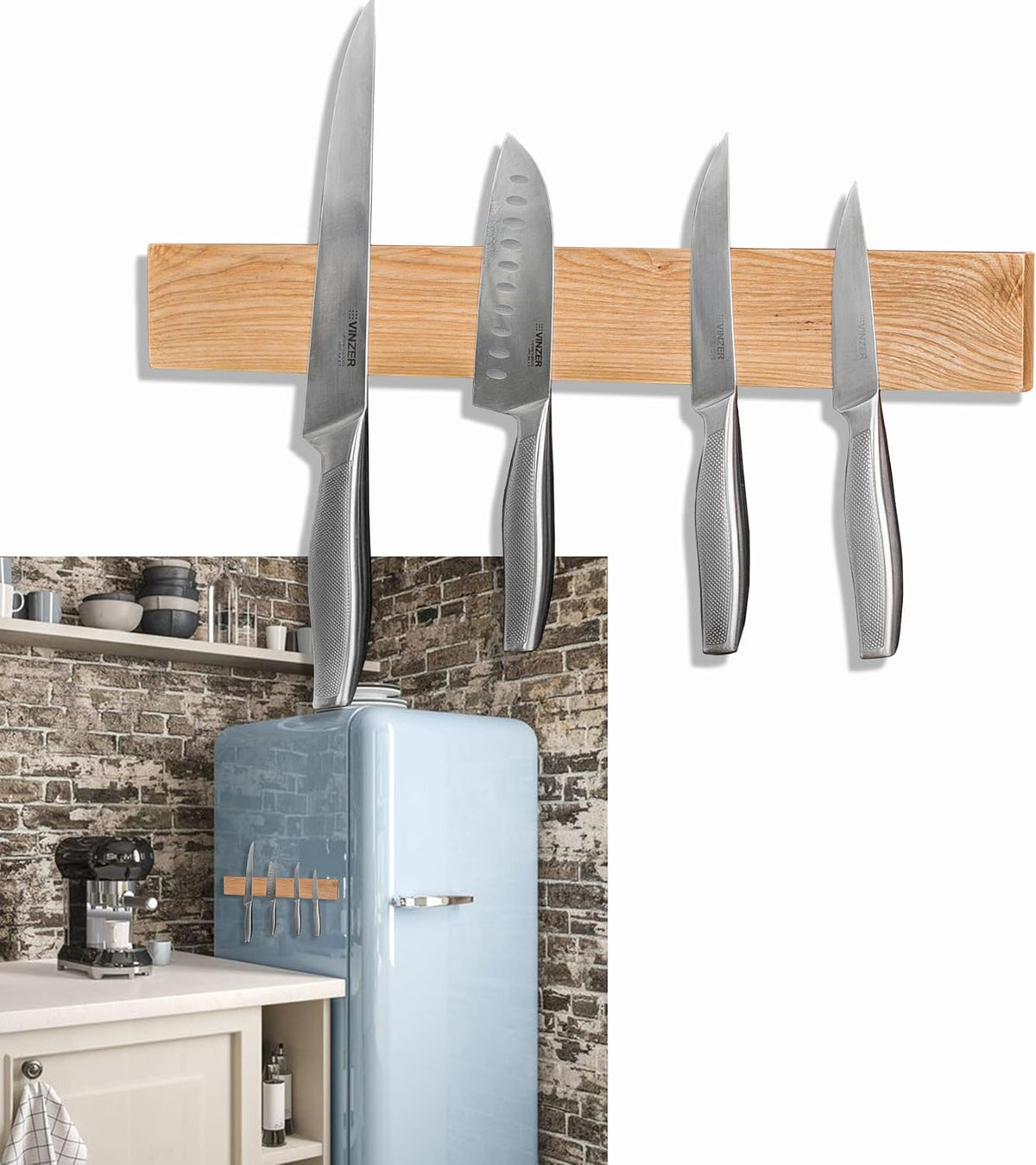 Premium Magnetic Knife Holder for Refrigerator with Hooks – 16 Inch Professional Double Sided Black Magnetic Knife Strip and utensil hanger for Fridge-Stainless Steel Magnet Knife Bar Wall