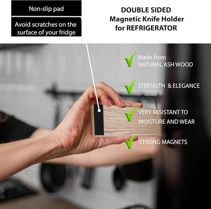 Premium Magnetic Knife Holder for Refrigerator with Hooks – 16 Inch Professional Double Sided Black Magnetic Knife Strip and utensil hanger for Fridge-Stainless Steel Magnet Knife Bar Wall