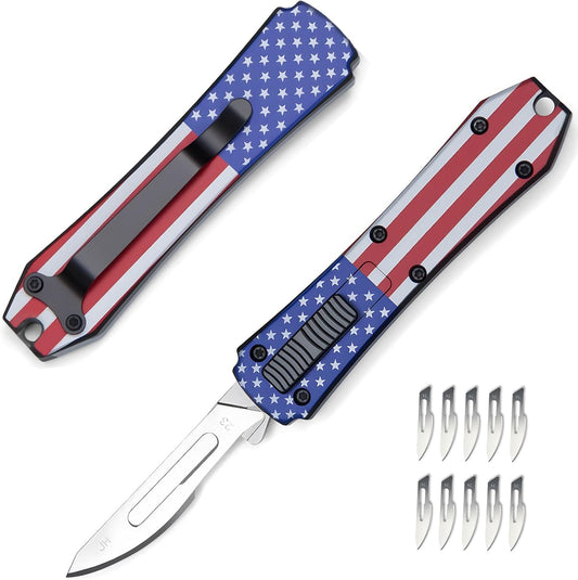 Automatic Utility Knife,All Metal Construction Carbon Stainless Steel Blade,Box Cutter Quick Change Retractable,EDC Push Button with Clip,10PCS #23 Blades Replacement,Stars&Stripes