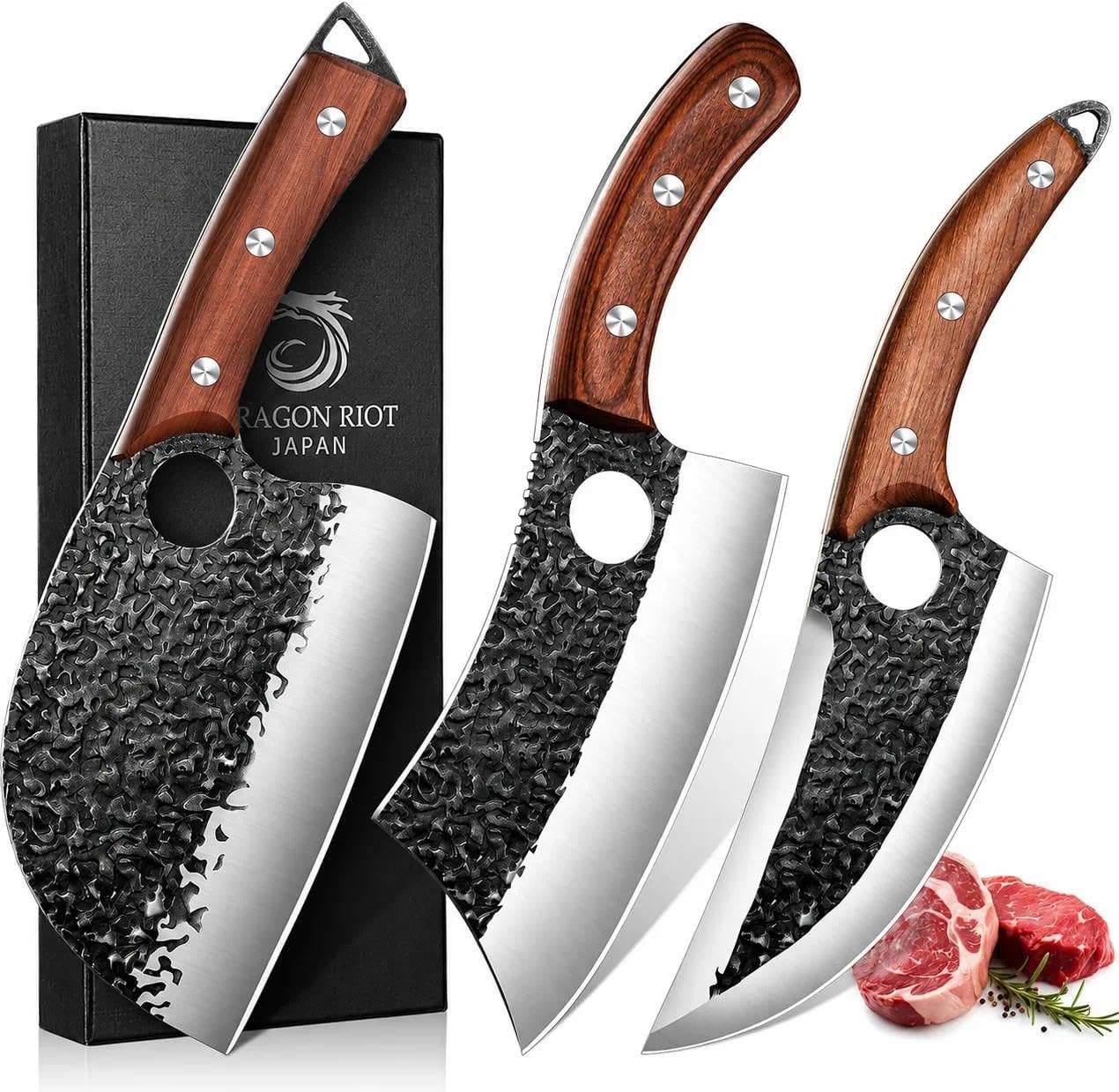 Professional Butcher Knife Set for Meat Processing, 3Pcs High Carbon Steel Hand Forged Serbian Cleaver Chef Knife Set with Ergonomic Handles for Kitchen Outdoor Cooking