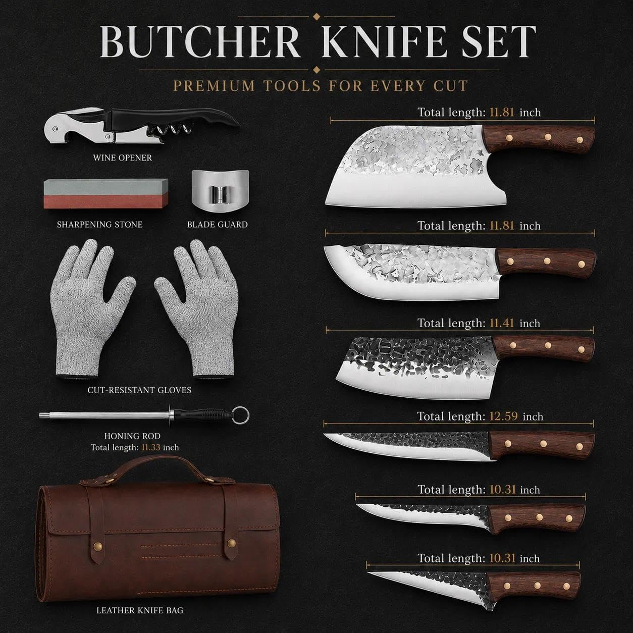 Professional Butcher Knife Set for Meat Processing, 3Pcs High Carbon Steel Hand Forged Serbian Cleaver Chef Knife Set with Ergonomic Handles for Kitchen Outdoor Cooking