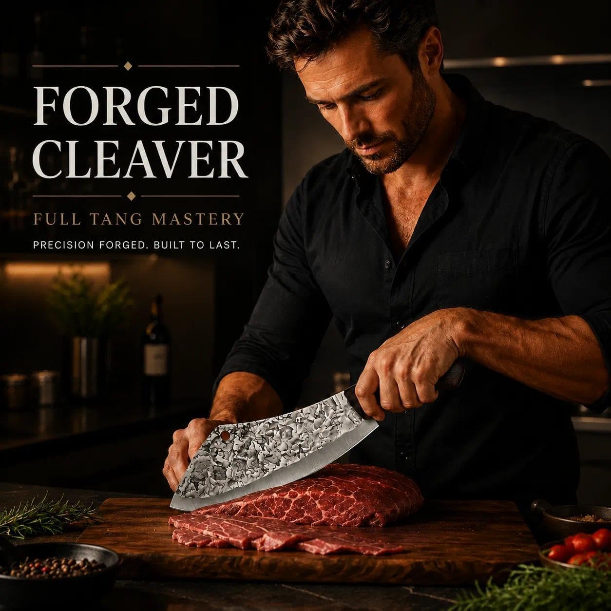 Professional Butcher Knife Set for Meat Processing, 3Pcs High Carbon Steel Hand Forged Serbian Cleaver Chef Knife Set with Ergonomic Handles for Kitchen Outdoor Cooking