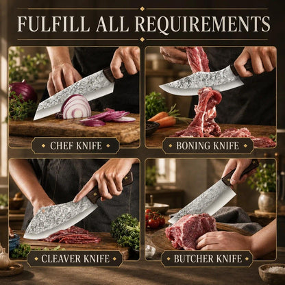 Professional Butcher Knife Set for Meat Processing, 3Pcs High Carbon Steel Hand Forged Serbian Cleaver Chef Knife Set with Ergonomic Handles for Kitchen Outdoor Cooking