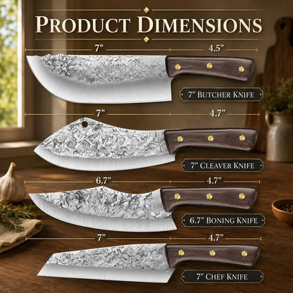 Professional Butcher Knife Set for Meat Processing, 3Pcs High Carbon Steel Hand Forged Serbian Cleaver Chef Knife Set with Ergonomic Handles for Kitchen Outdoor Cooking