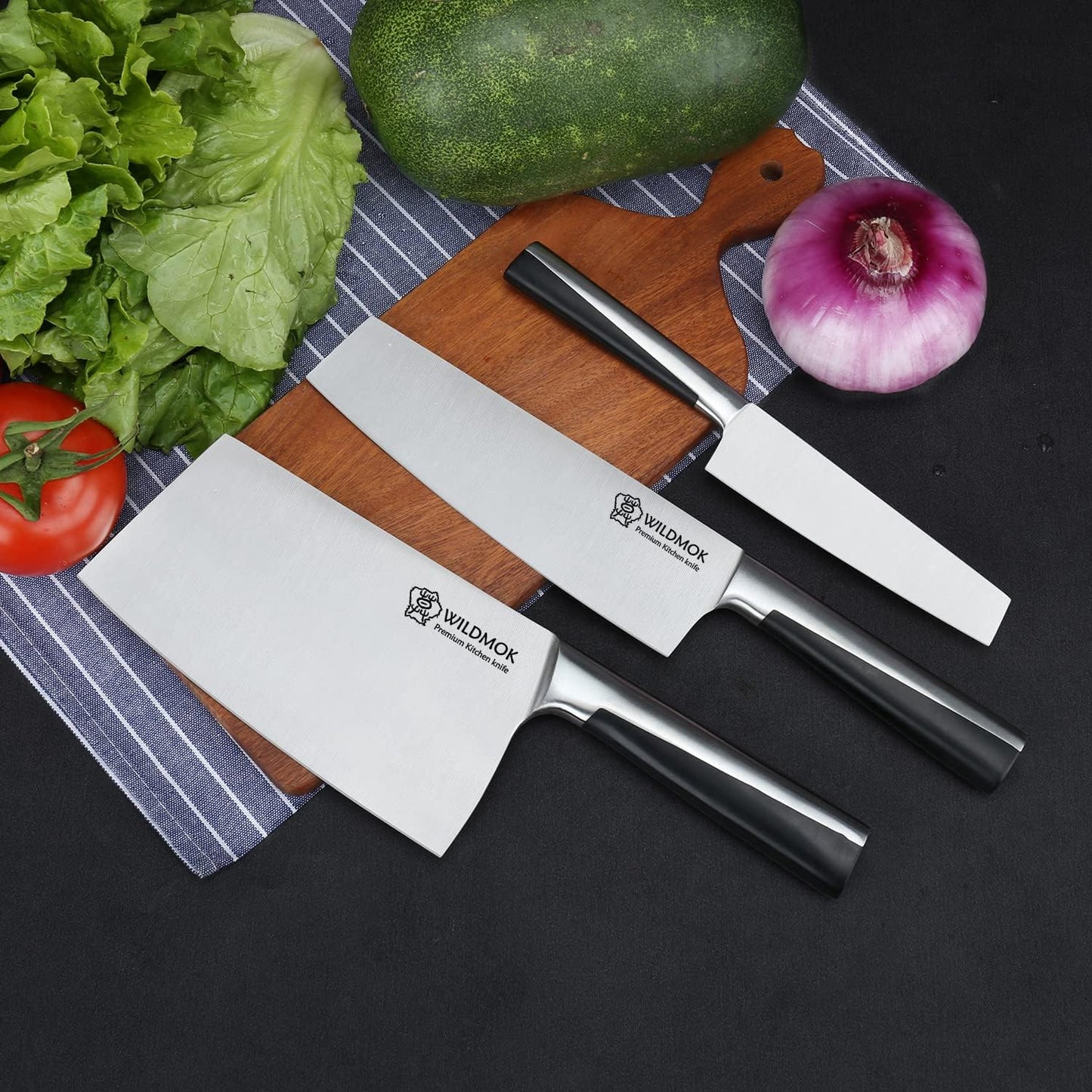 3pcs Knife Set Stainless Steel Kitchen Knives Set 7inch Bone Chopper 7inch Nakiri Knife and 5inch Utility Cutter with Stainless Steel & ABS Handle, Perfect Cutlery Set Gift