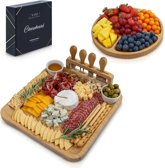 Charcuterie Board Set Bamboo with Cheese Knives and Bowls, Large Wooden Serving Platter for Entertaining, Housewarming and Wedding Gift
