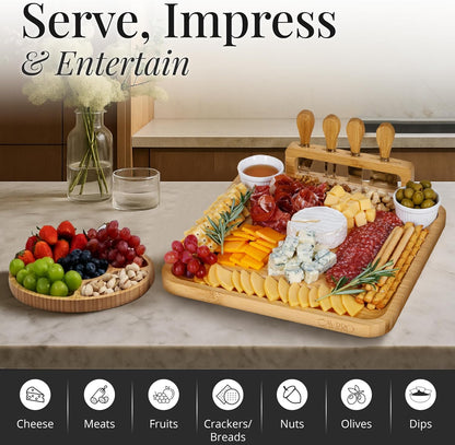Charcuterie Board Set Bamboo with Cheese Knives and Bowls, Large Wooden Serving Platter for Entertaining, Housewarming and Wedding Gift