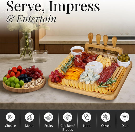 Charcuterie Board Set Bamboo with Cheese Knives and Bowls, Large Wooden Serving Platter for Entertaining, Housewarming and Wedding Gift
