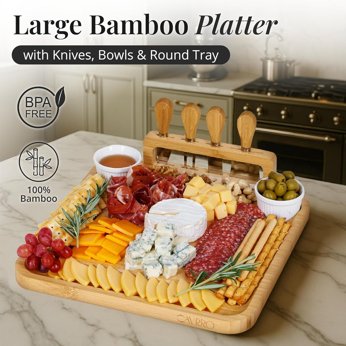 Charcuterie Board Set Bamboo with Cheese Knives and Bowls, Large Wooden Serving Platter for Entertaining, Housewarming and Wedding Gift