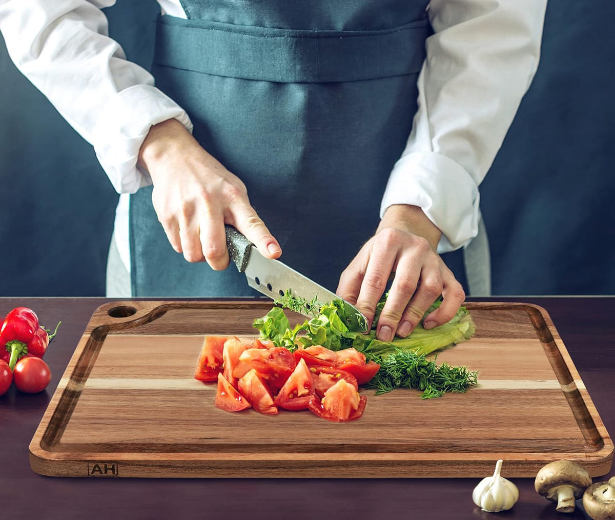 Large Acacia Wood Cutting Board for Kitchen, Butcher Block for Meat and Cheese, Chopping Board with Hanging Hole and Groove 18x12 Inch