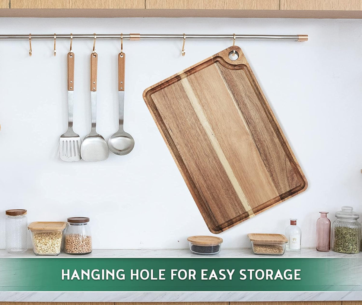 Large Acacia Wood Cutting Board for Kitchen, Butcher Block for Meat and Cheese, Chopping Board with Hanging Hole and Groove 18x12 Inch