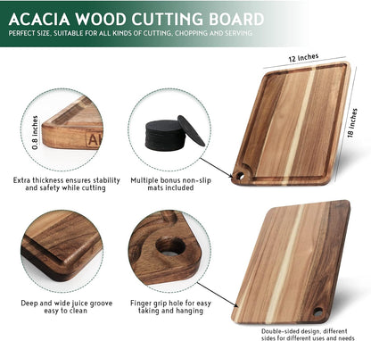 Large Acacia Wood Cutting Board for Kitchen, Butcher Block for Meat and Cheese, Chopping Board with Hanging Hole and Groove 18x12 Inch
