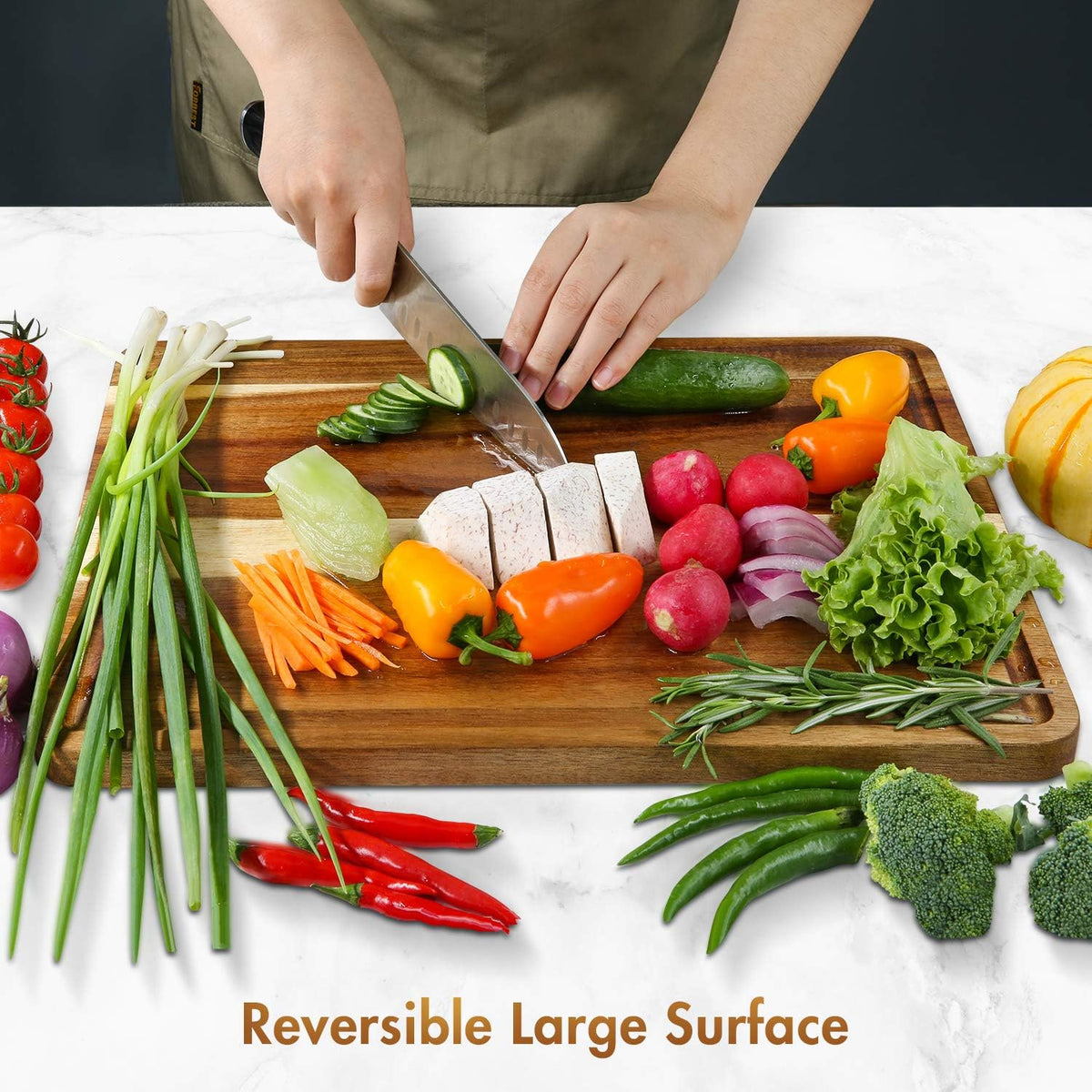 Large Acacia Wood Cutting Board for Kitchen, Butcher Block for Meat and Cheese, Chopping Board with Hanging Hole and Groove 18x12 Inch