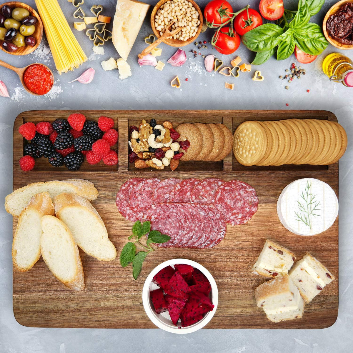 Large Acacia Wood Cutting Board for Kitchen, Butcher Block for Meat and Cheese, Chopping Board with Hanging Hole and Groove 18x12 Inch