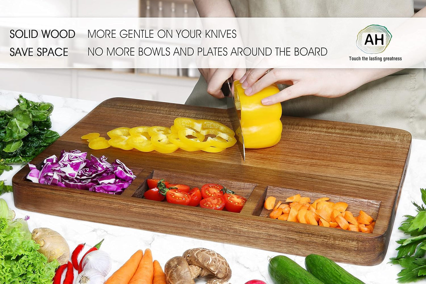 Large Acacia Wood Cutting Board for Kitchen, Butcher Block for Meat and Cheese, Chopping Board with Hanging Hole and Groove 18x12 Inch