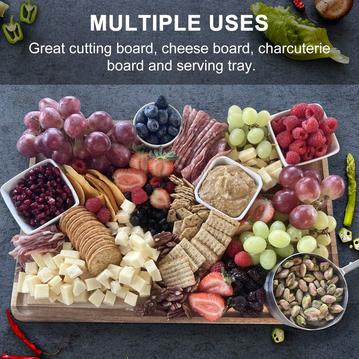 Large Acacia Wood Cutting Board for Kitchen, Butcher Block for Meat and Cheese, Chopping Board with Hanging Hole and Groove 18x12 Inch