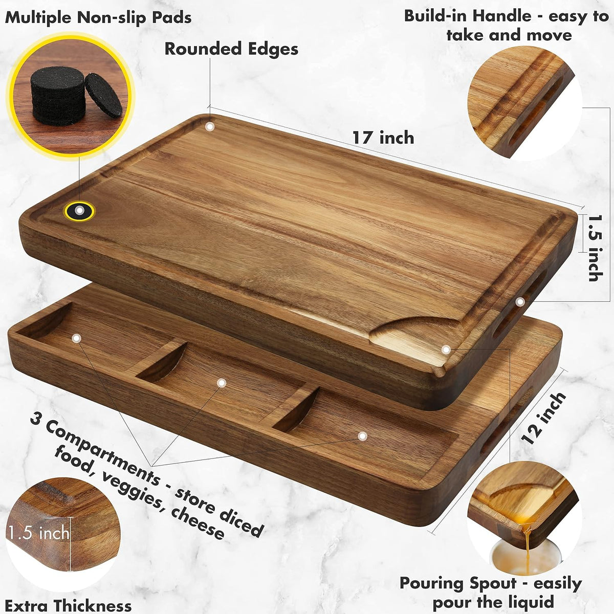 Large Acacia Wood Cutting Board for Kitchen, Butcher Block for Meat and Cheese, Chopping Board with Hanging Hole and Groove 18x12 Inch