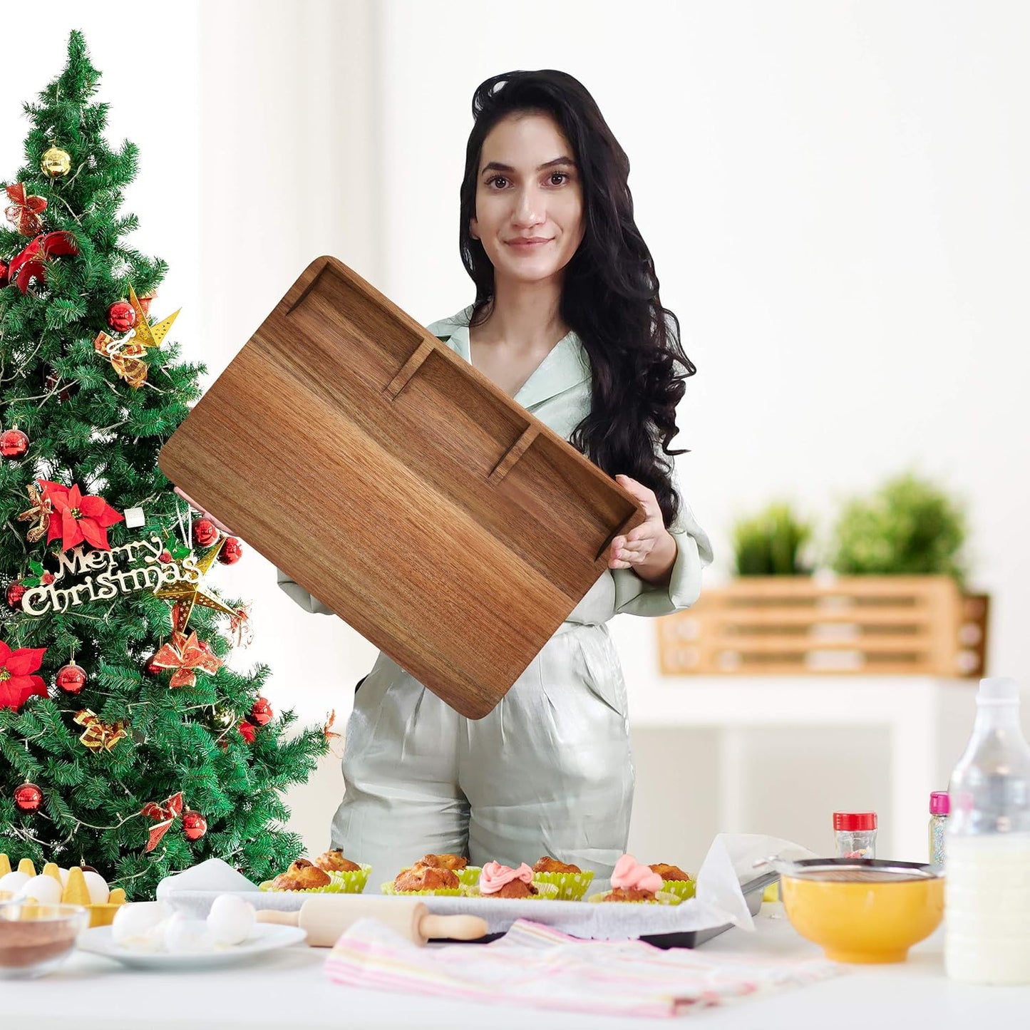 Large Acacia Wood Cutting Board for Kitchen, Butcher Block for Meat and Cheese, Chopping Board with Hanging Hole and Groove 18x12 Inch