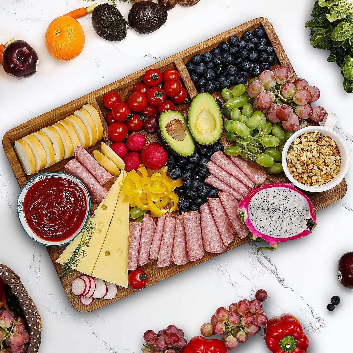 Large Acacia Wood Cutting Board for Kitchen, Butcher Block for Meat and Cheese, Chopping Board with Hanging Hole and Groove 18x12 Inch