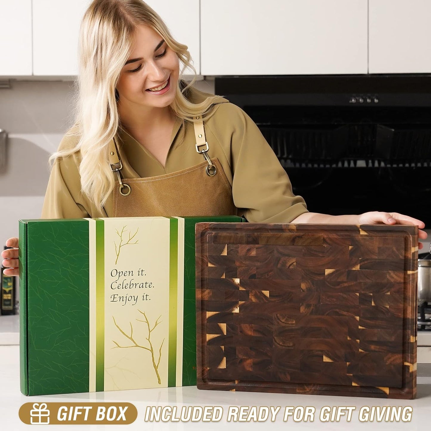 Large Acacia Wood Cutting Board for Kitchen, Butcher Block for Meat and Cheese, Chopping Board with Hanging Hole and Groove 18x12 Inch