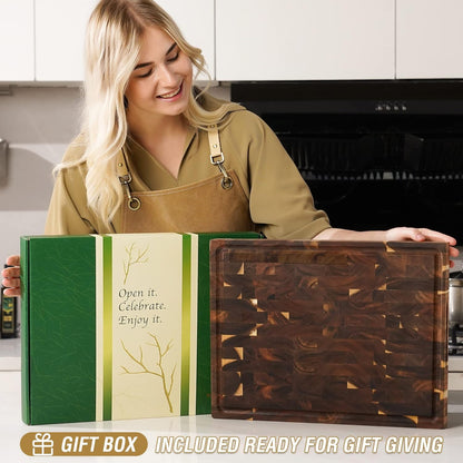 Large Acacia Wood Cutting Board for Kitchen, Butcher Block for Meat and Cheese, Chopping Board with Hanging Hole and Groove 18x12 Inch