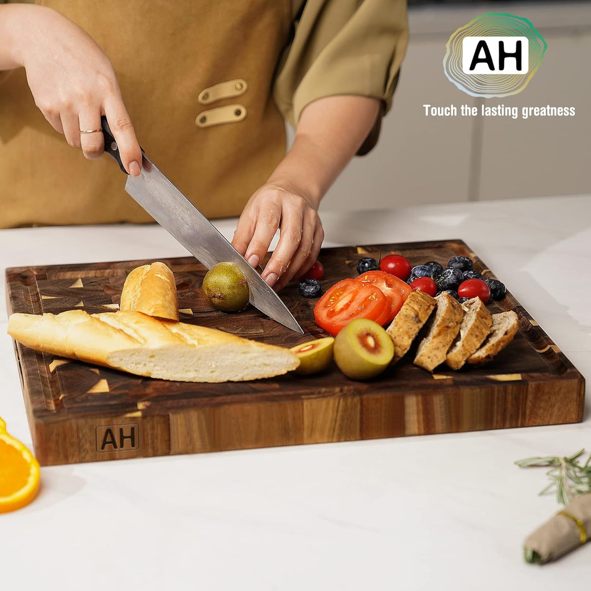 Large Acacia Wood Cutting Board for Kitchen, Butcher Block for Meat and Cheese, Chopping Board with Hanging Hole and Groove 18x12 Inch