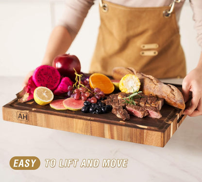 Large Acacia Wood Cutting Board for Kitchen, Butcher Block for Meat and Cheese, Chopping Board with Hanging Hole and Groove 18x12 Inch