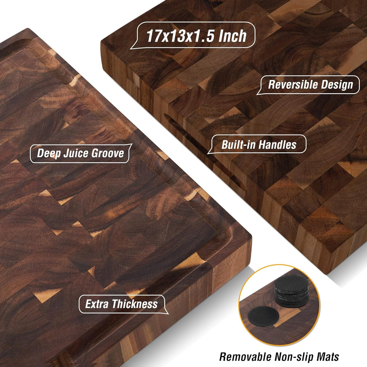 Large Acacia Wood Cutting Board for Kitchen, Butcher Block for Meat and Cheese, Chopping Board with Hanging Hole and Groove 18x12 Inch