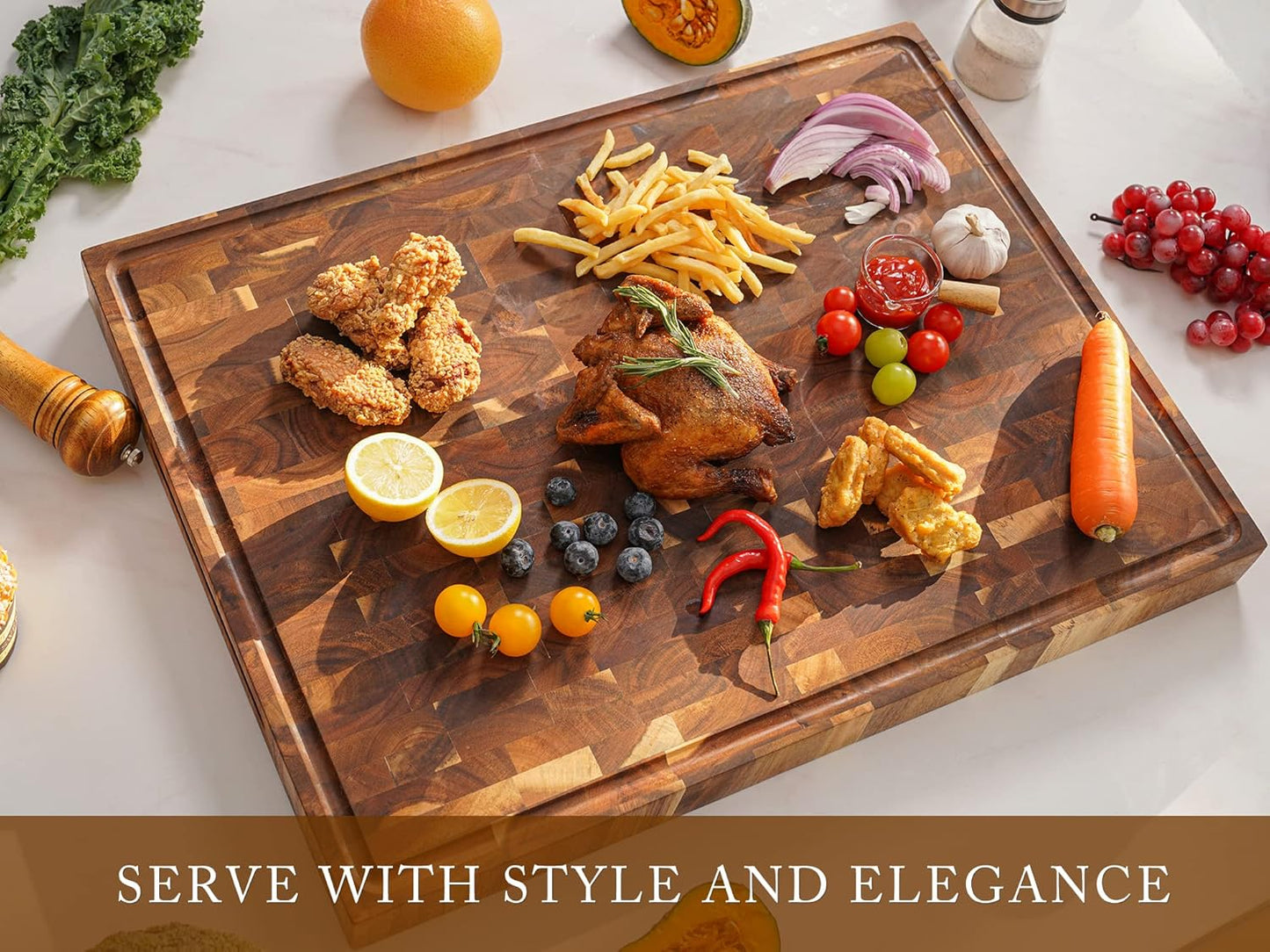 Large Acacia Wood Cutting Board for Kitchen, Butcher Block for Meat and Cheese, Chopping Board with Hanging Hole and Groove 18x12 Inch