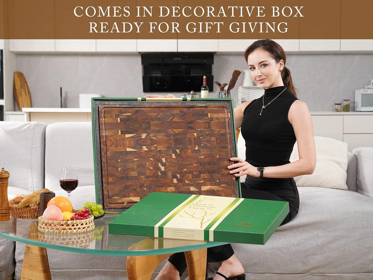 Large Acacia Wood Cutting Board for Kitchen, Butcher Block for Meat and Cheese, Chopping Board with Hanging Hole and Groove 18x12 Inch