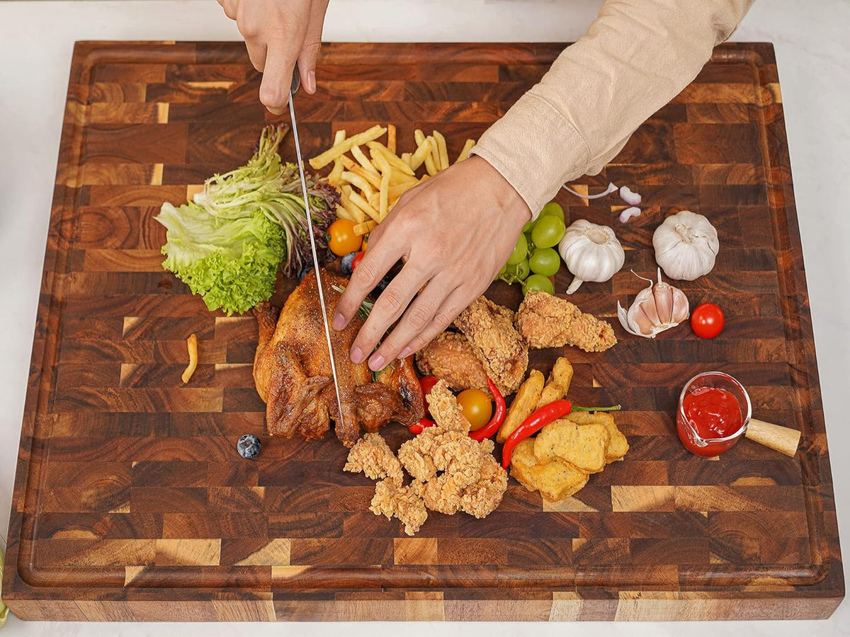 Large Acacia Wood Cutting Board for Kitchen, Butcher Block for Meat and Cheese, Chopping Board with Hanging Hole and Groove 18x12 Inch