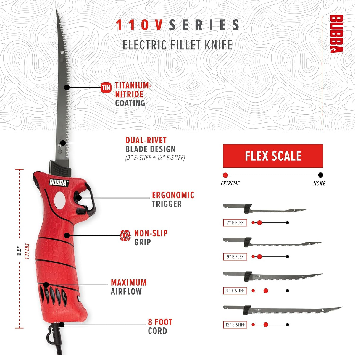110V Electric Fillet Knife with Non-Slip Grip Handle, 4 Ti-Nitride S.S. Coated Non-Stick Reciprocating Blades, 8' Cord and Storage Case for Fishing