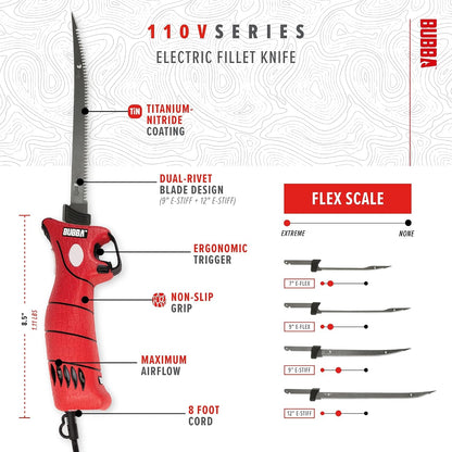 110V Electric Fillet Knife with Non-Slip Grip Handle, 4 Ti-Nitride S.S. Coated Non-Stick Reciprocating Blades, 8' Cord and Storage Case for Fishing
