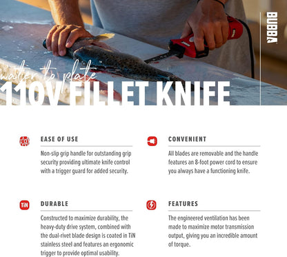 110V Electric Fillet Knife with Non-Slip Grip Handle, 4 Ti-Nitride S.S. Coated Non-Stick Reciprocating Blades, 8' Cord and Storage Case for Fishing