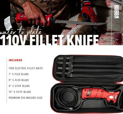 110V Electric Fillet Knife with Non-Slip Grip Handle, 4 Ti-Nitride S.S. Coated Non-Stick Reciprocating Blades, 8' Cord and Storage Case for Fishing