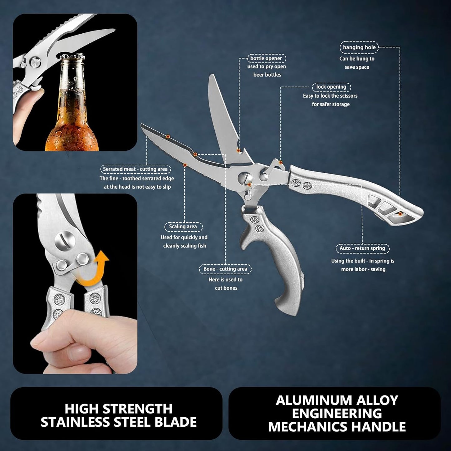 Poultry Shears, Spring Loaded Kitchen Scissors Fish Scaler Opener | 3-in-1 Kitchen Shears – poultry shears, fish scaler & bottle opener in one 10-inch tool. Cut chicken, turkey, fish, meat.