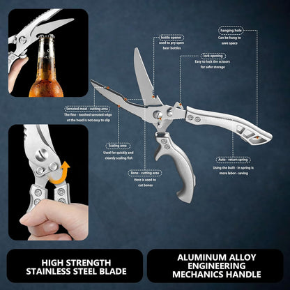 Poultry Shears, Spring Loaded Kitchen Scissors Fish Scaler Opener | 3-in-1 Kitchen Shears – poultry shears, fish scaler & bottle opener in one 10-inch tool. Cut chicken, turkey, fish, meat.