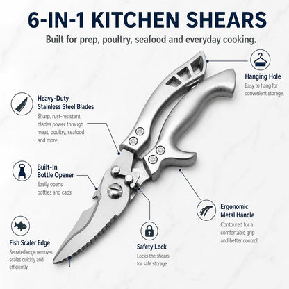 Poultry Shears, Spring Loaded Kitchen Scissors Fish Scaler Opener | 3-in-1 Kitchen Shears – poultry shears, fish scaler & bottle opener in one 10-inch tool. Cut chicken, turkey, fish, meat.
